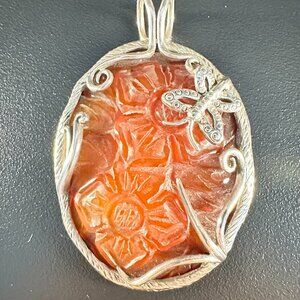 Vintage 925 Sterling Silver Carved Carnelian Pendant Art Nouveau Dragonfly